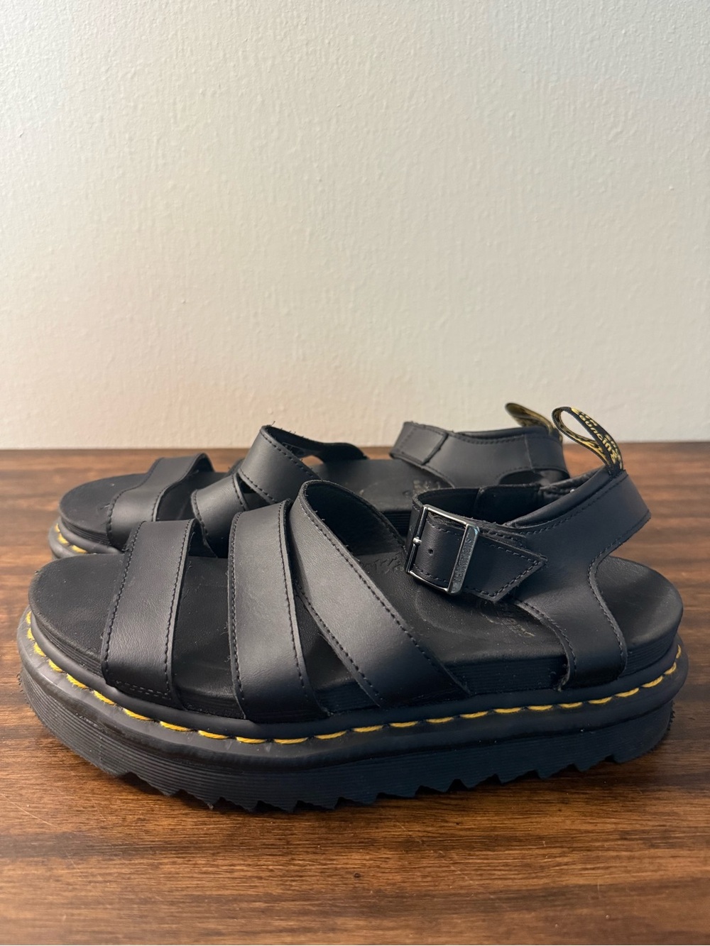 Dr. Martens Black Leather Platform Strappy Sandals with Yellow Stitching